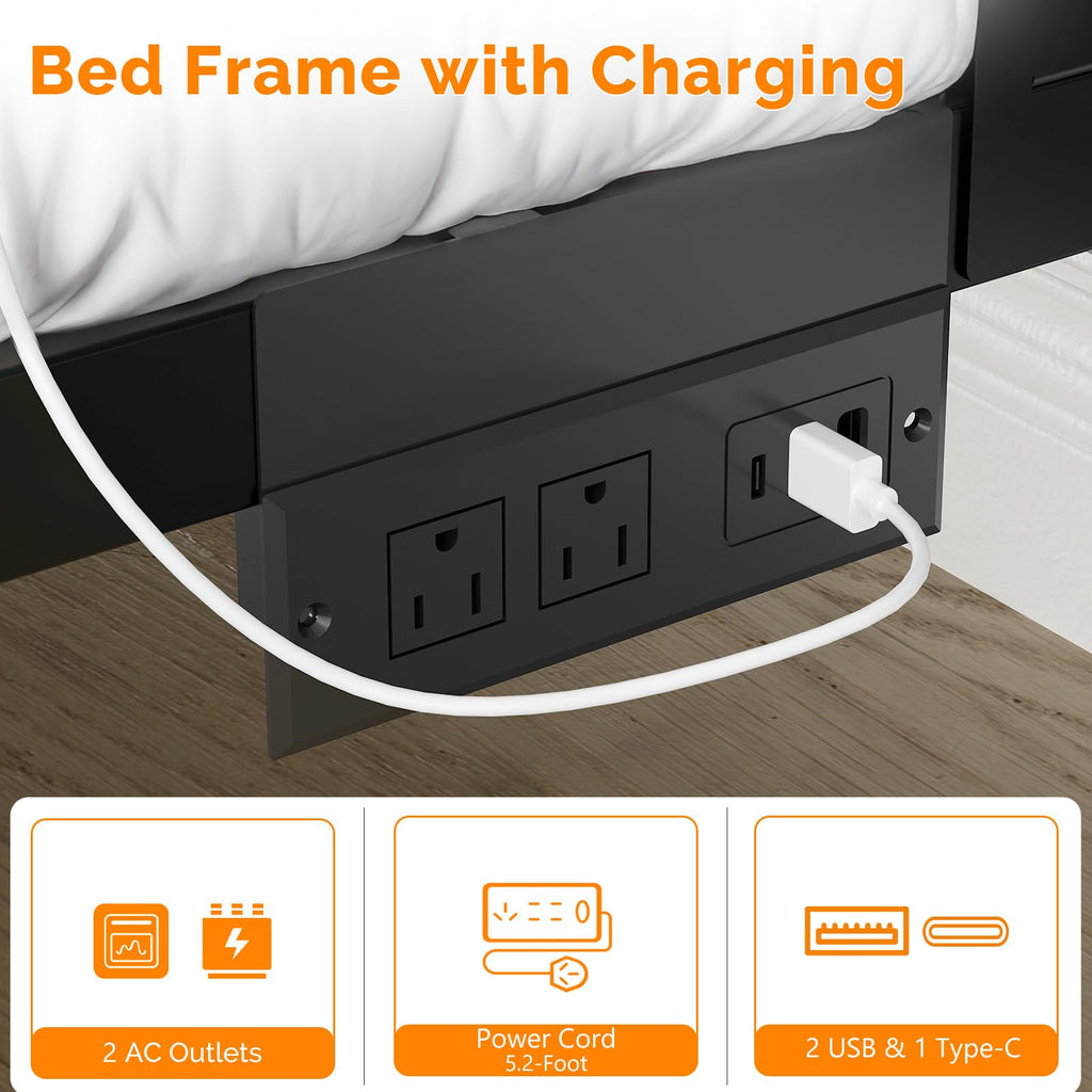 Twin Bed Frame Set of 2 with LED Headboard and USB Charging Station Y24304