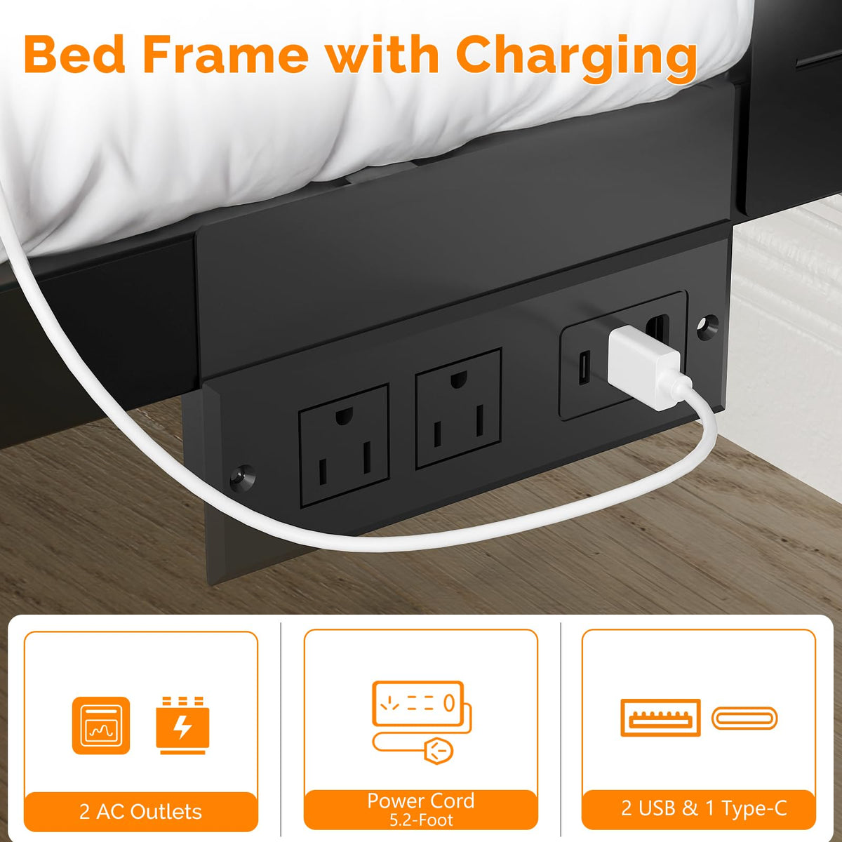 Twin Bed Frame Set of 2 with LED Headboard and USB Charging Station Y24304
