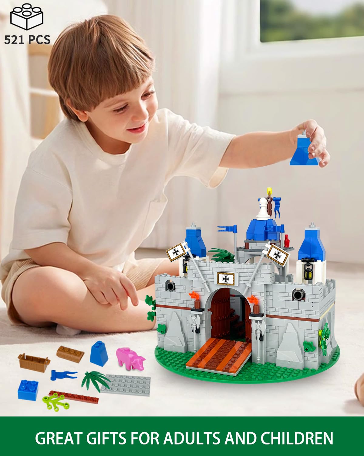 Medieval Knight Castle Building Blocks Set with 12 Knights Figures T2173