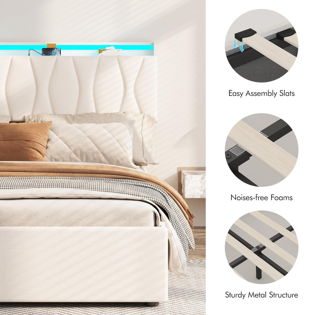 Beige Full Size Lift Up Storage Bed Frame with Charging Station V507283