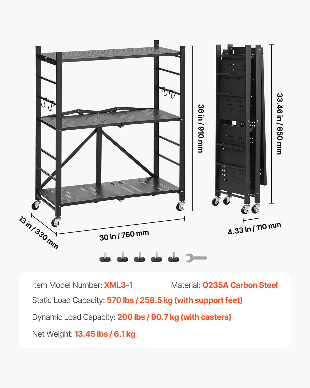 3-Tier Foldable Metal Storage Shelf with Wheels and Hooks, Black G580