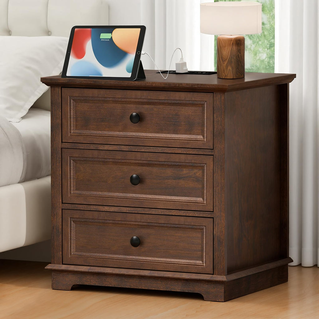 Cherry 3 Drawer Wood Nightstand with Charging Station R76120