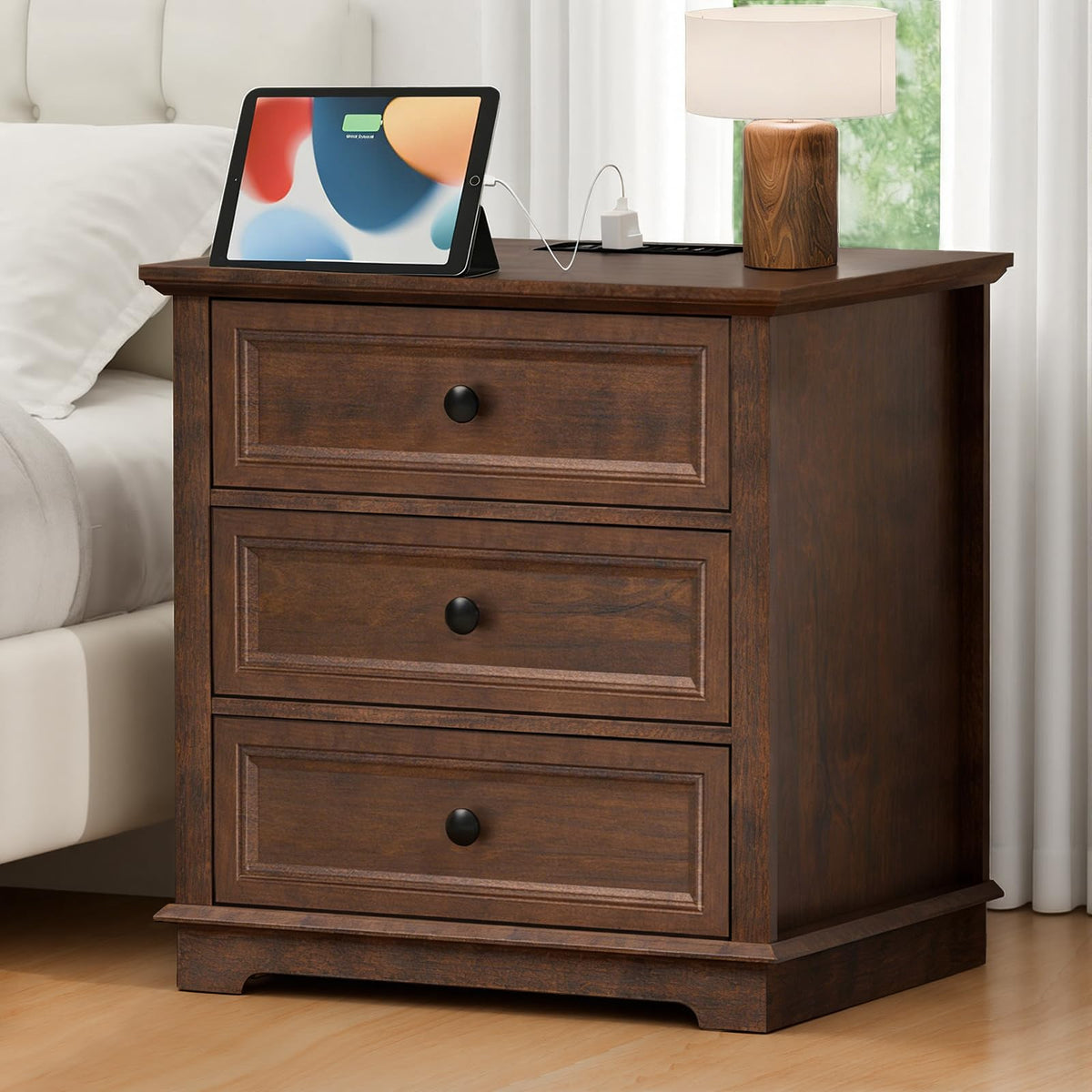 Cherry 3 Drawer Wood Nightstand with Charging Station R76120