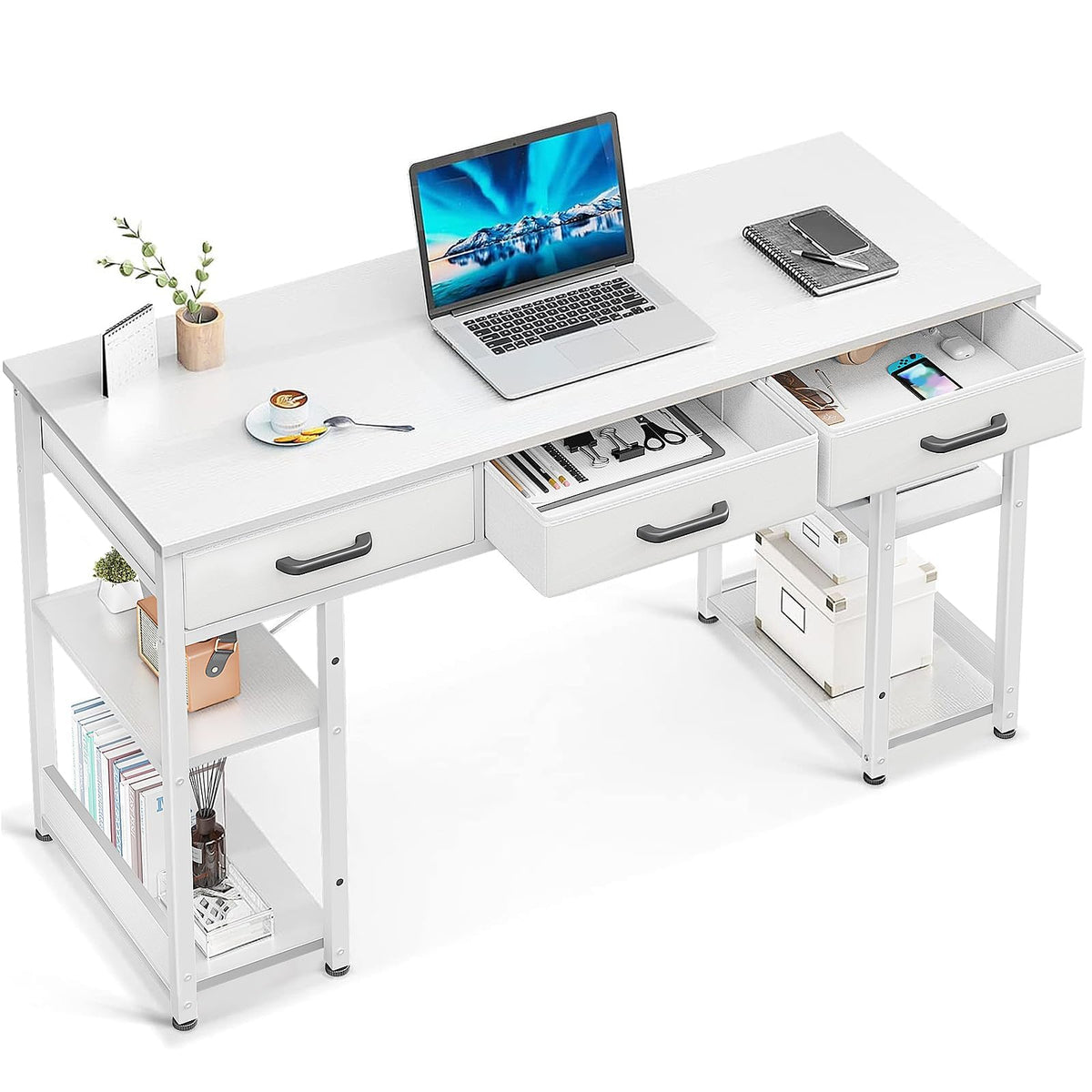 White 48" Computer Desk with Fabric Drawers and Storage Shelves O782640