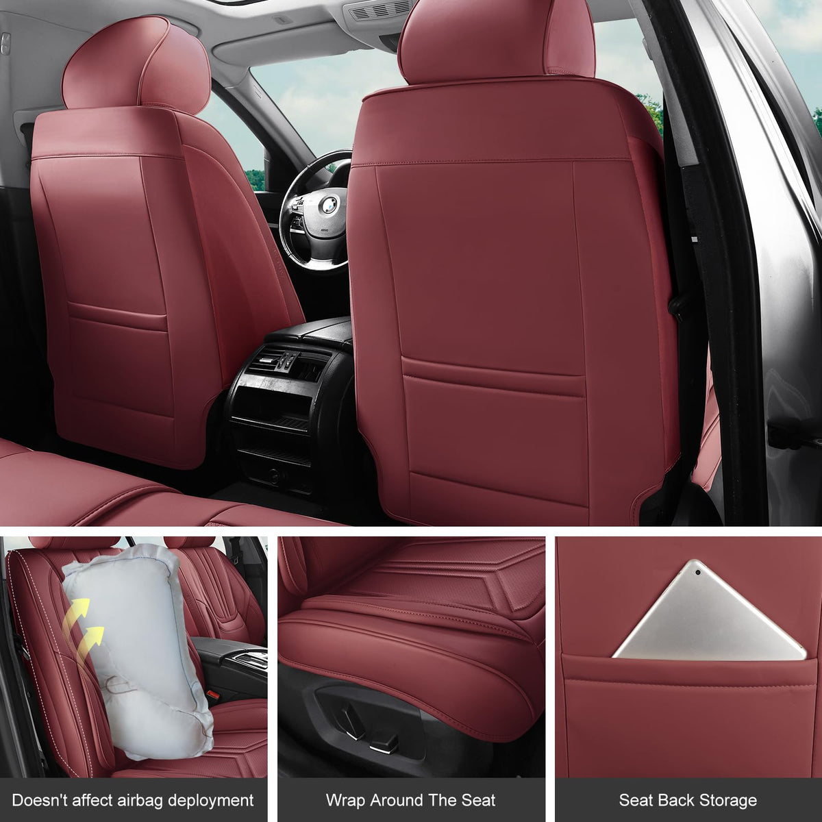 Burgundy Leather Full Set Car Seat Covers P3770