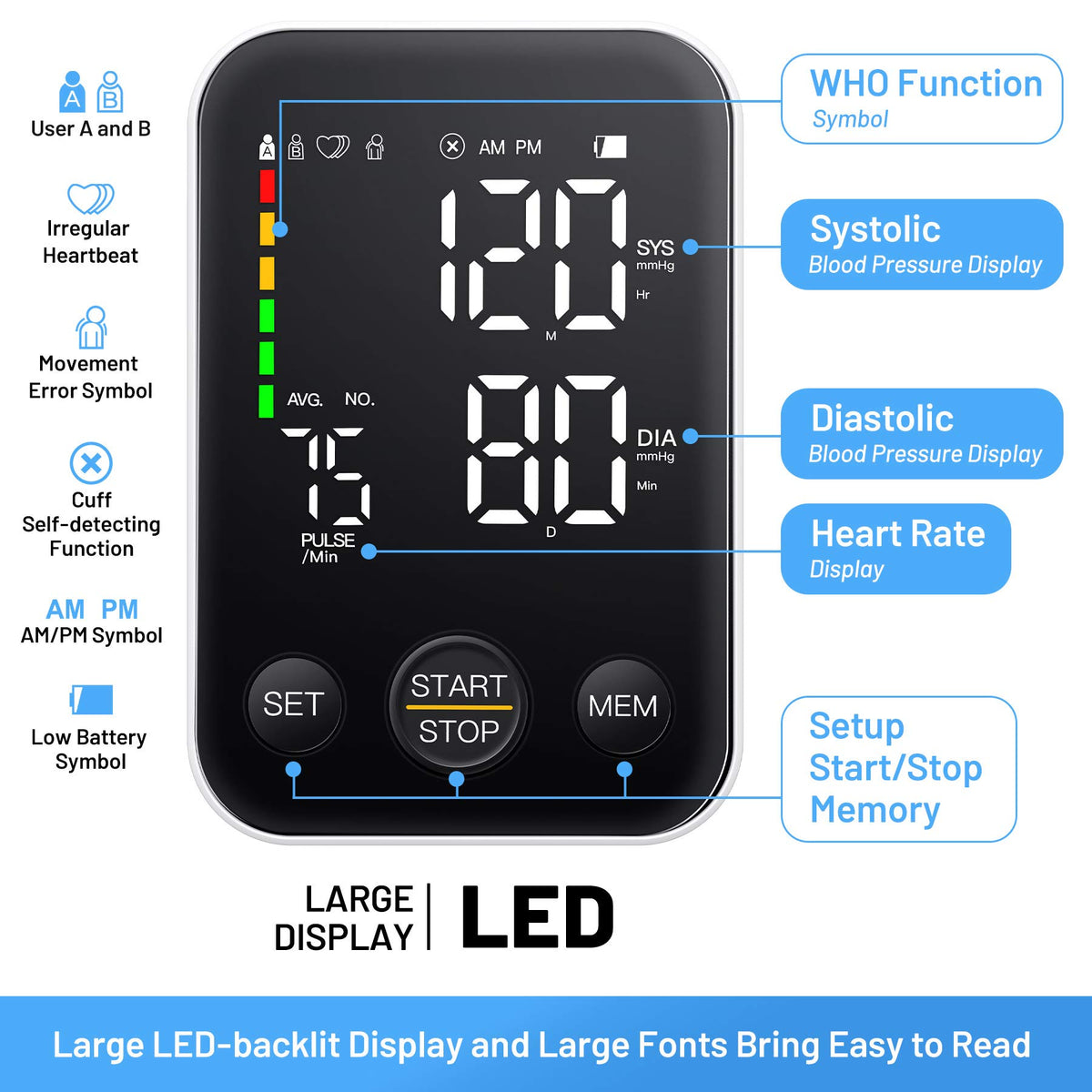 Black Upper Arm Blood Pressure Monitor with Adjustable Arm Cuff and Large Display F636