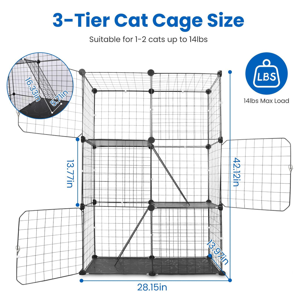 3 Tier Metal Cat Playpen Cage with 3 Doors 2 Ladders X84250