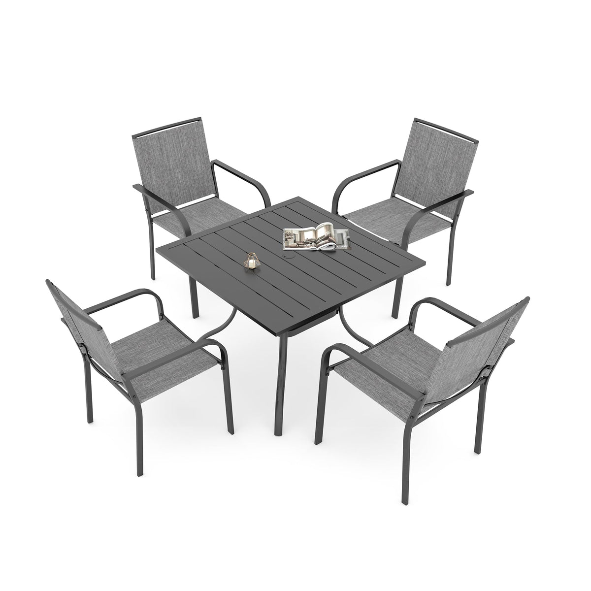 5 Piece Outdoor Dining Set with Grey Stackable Chairs and Square Table O9690