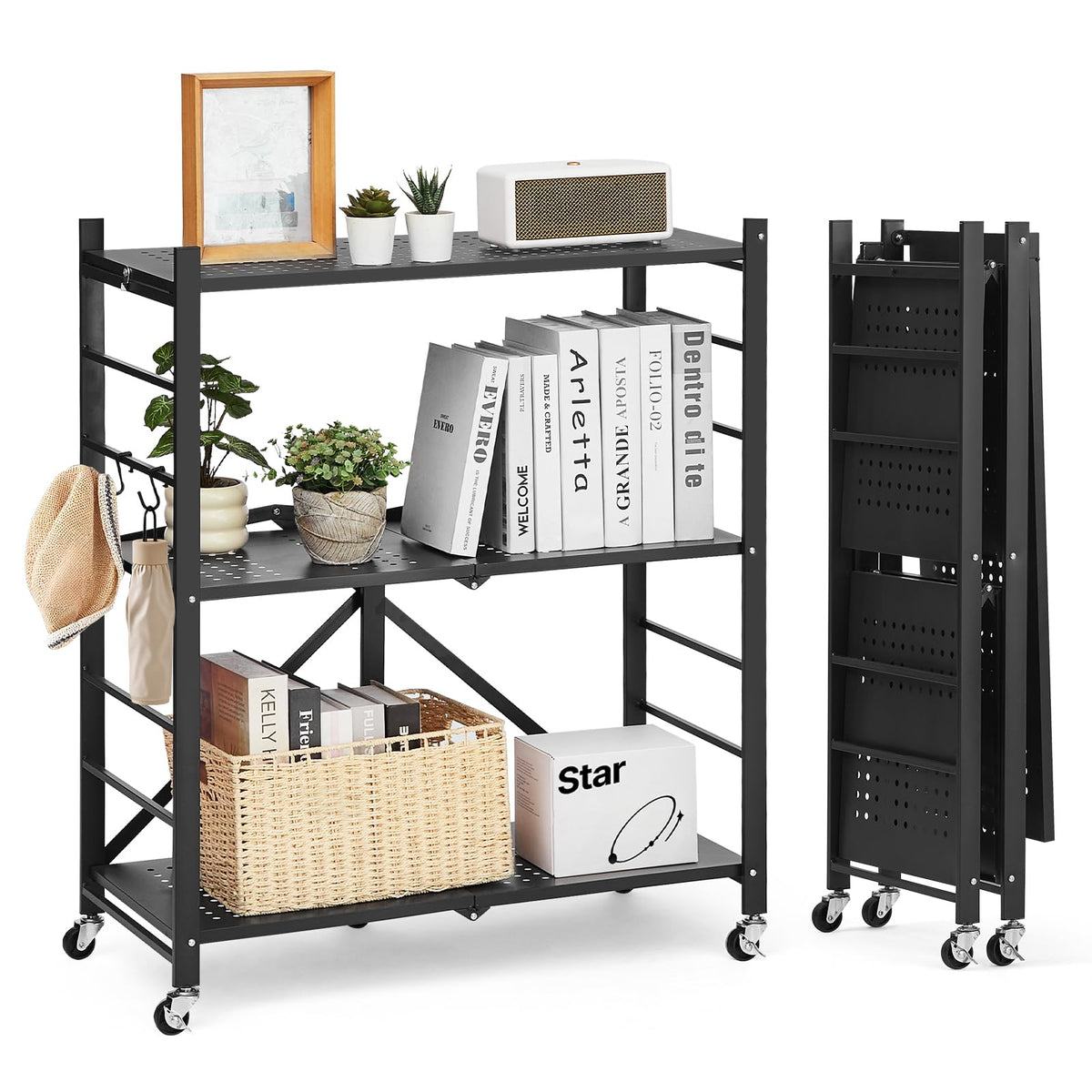 3-Tier Foldable Metal Storage Shelf with Wheels and Hooks, Black G580