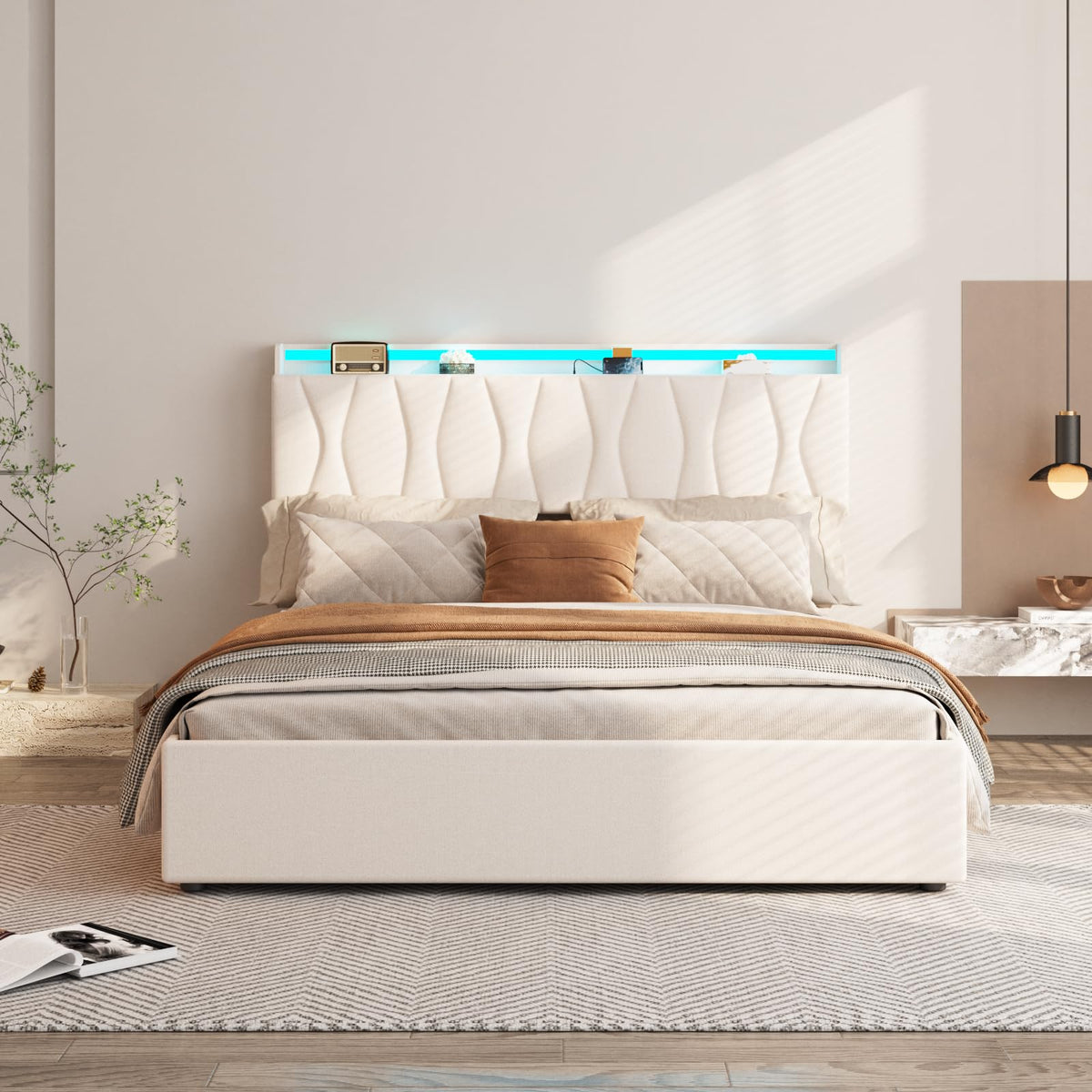 Beige Full Size Lift Up Storage Bed Frame with Charging Station V507283