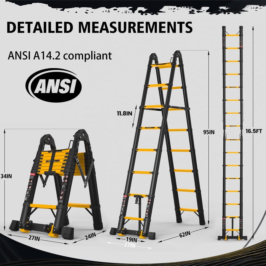 Telescoping Ladder 16.5 FT A Frame 330 lbs Capacity Yellow D59641