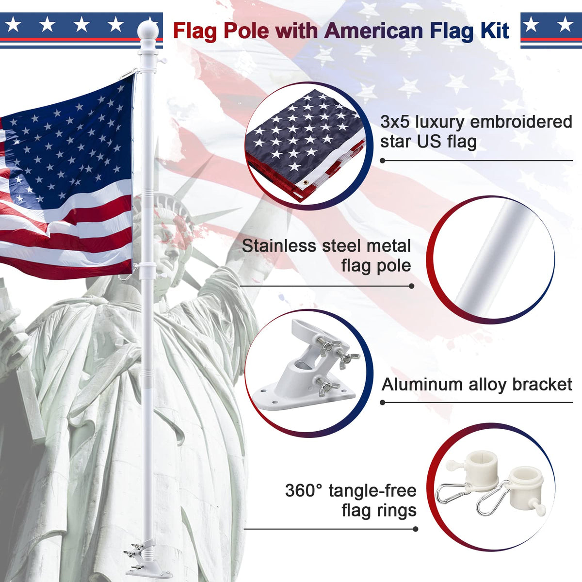 5ft White Tangle Free Flag Pole with 3x5 Embroidered US Flag U334
