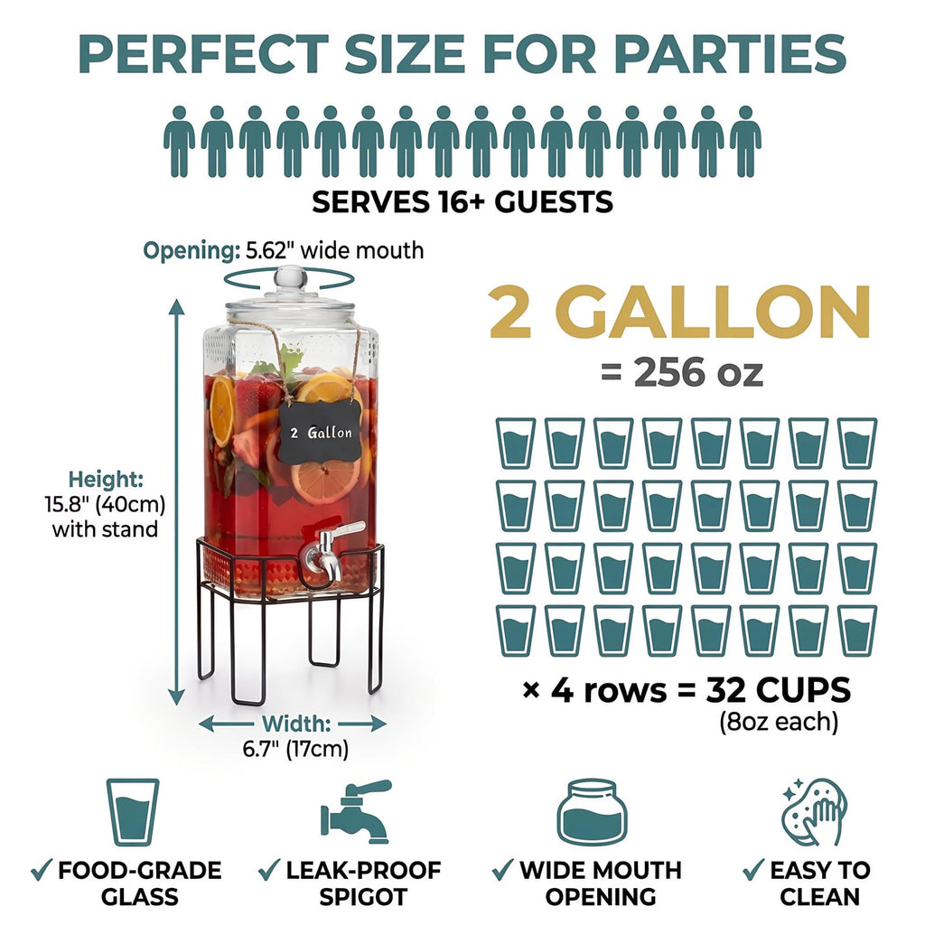 2 Gallon Glass Drink Dispenser with Stand and Glass Lid Y403398