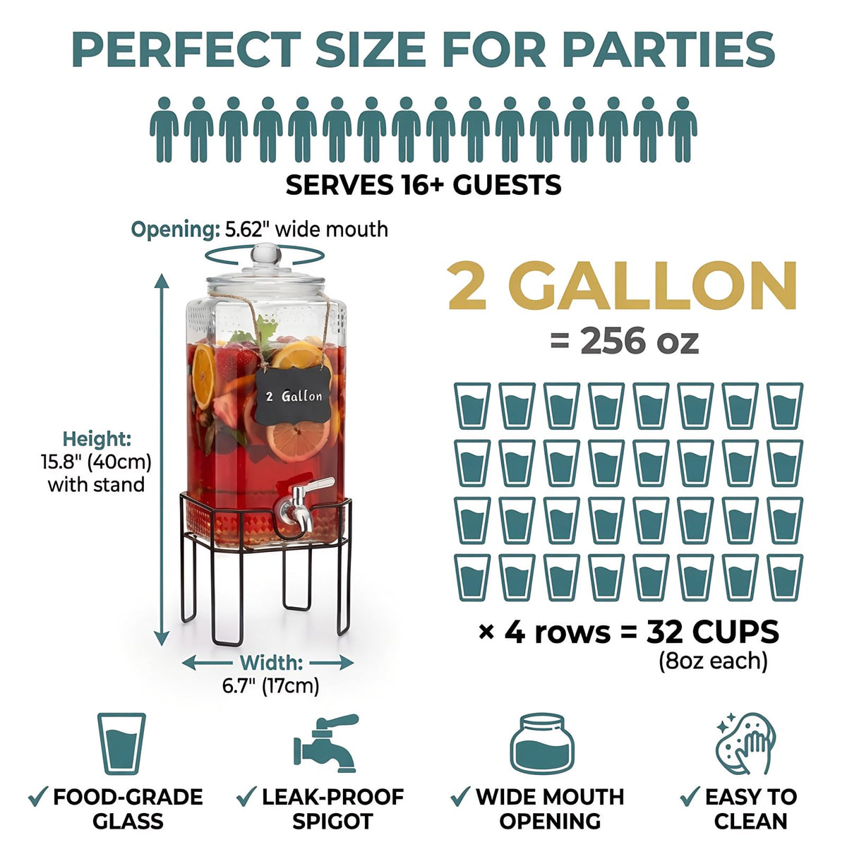 2 Gallon Glass Drink Dispenser with Stand and Glass Lid Y403398