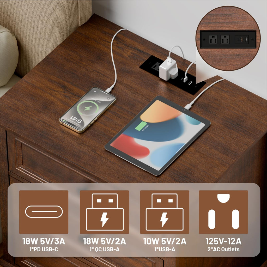 Cherry 3 Drawer Wood Nightstand with Charging Station R76120