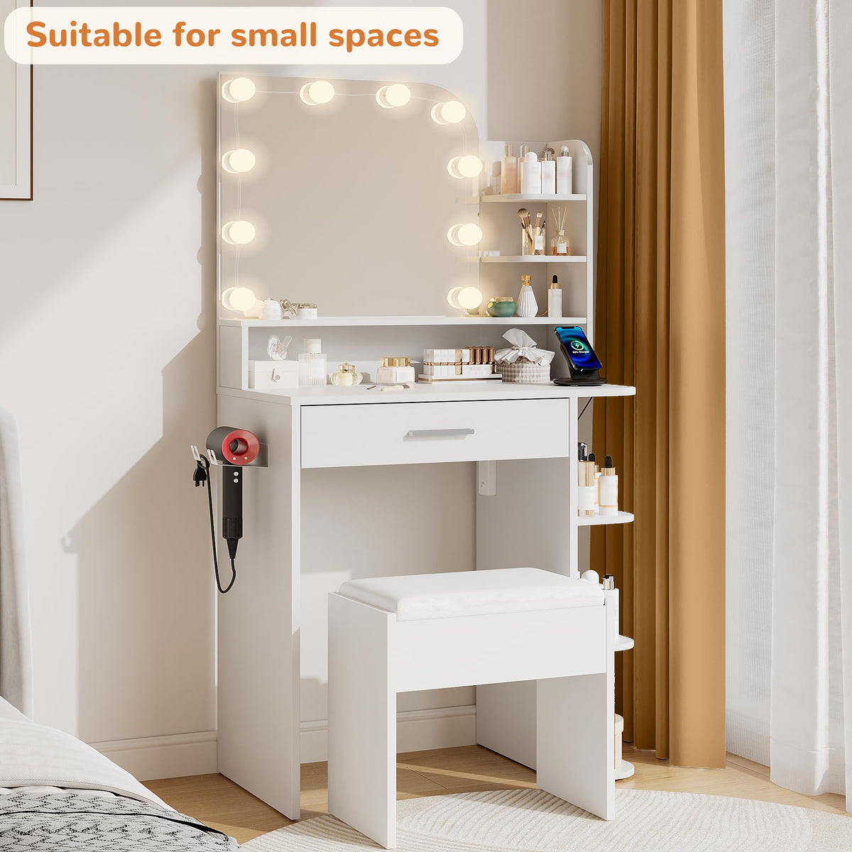 White Small Vanity Set with Chair, Mirror & Lights E5852