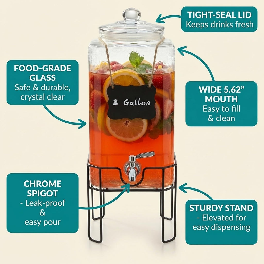 2 Gallon Glass Drink Dispenser with Stand and Glass Lid Y403398