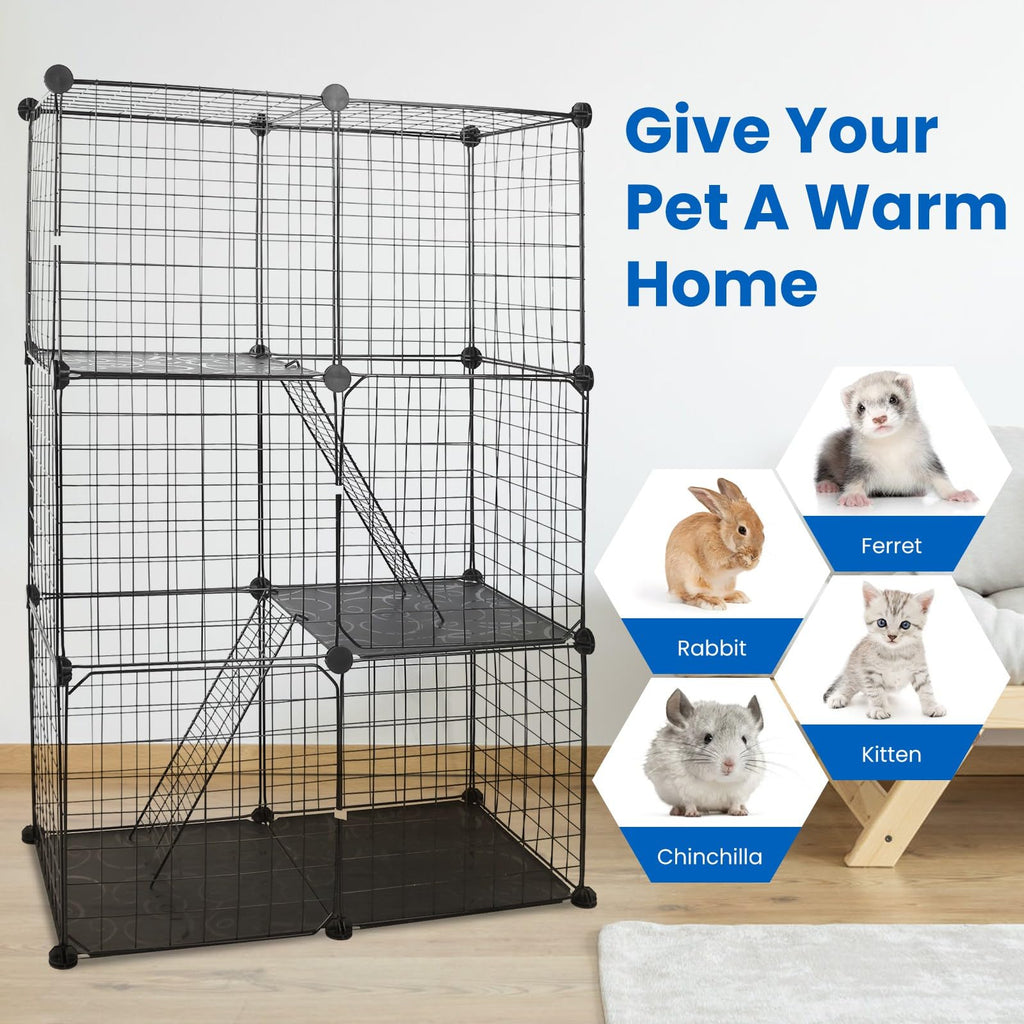 3 Tier Metal Cat Playpen Cage with 3 Doors 2 Ladders X84250