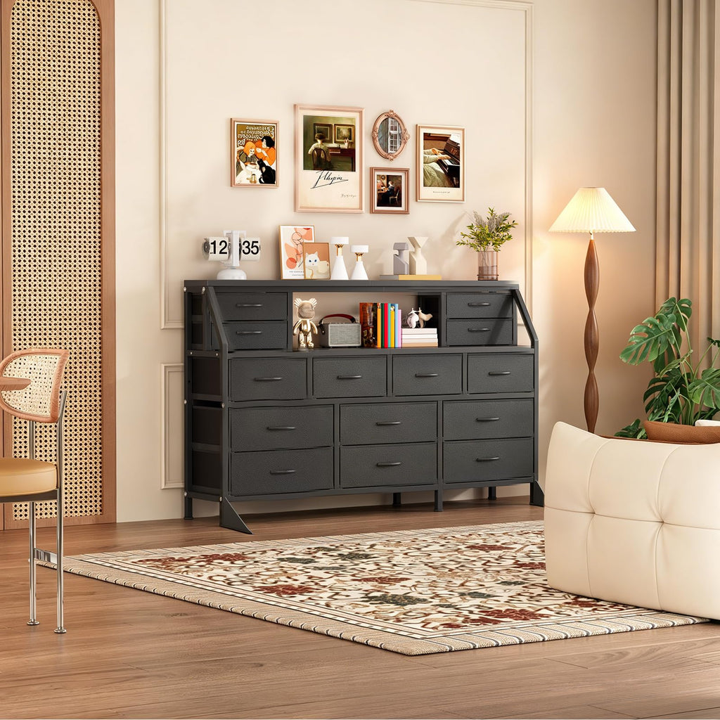 55" Black 14 Drawer Fabric Dresser with Open Shelf M112085