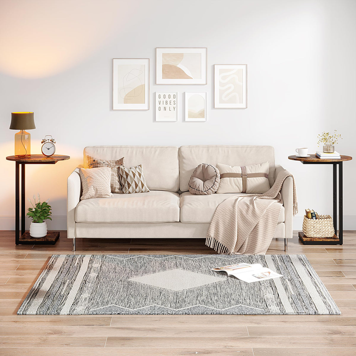 Small C-Shaped Wood Side Table Set of 2 with Metal Frame T162