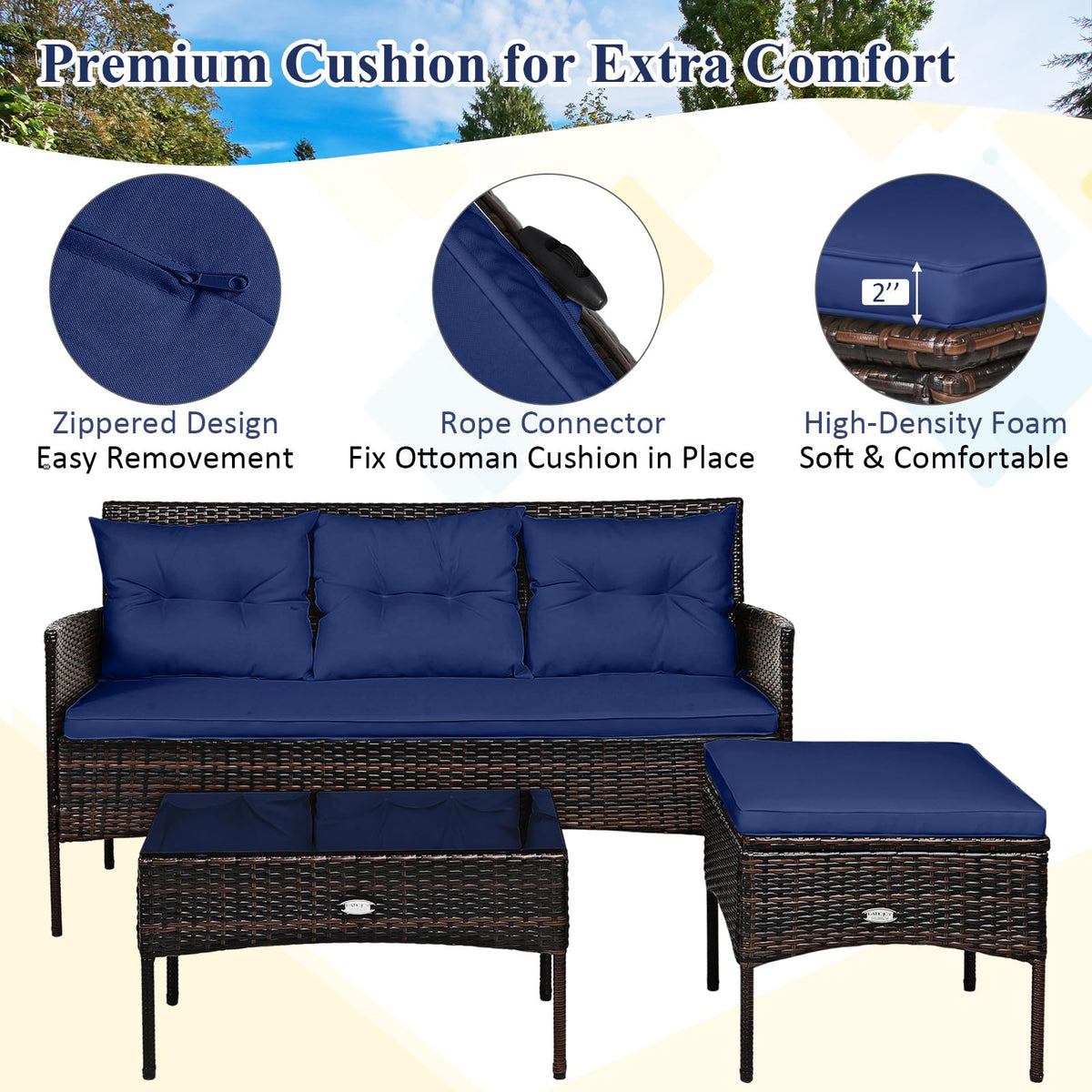 3 Pieces PE Rattan Wicker Patio Conversation Set with Cushions O699042