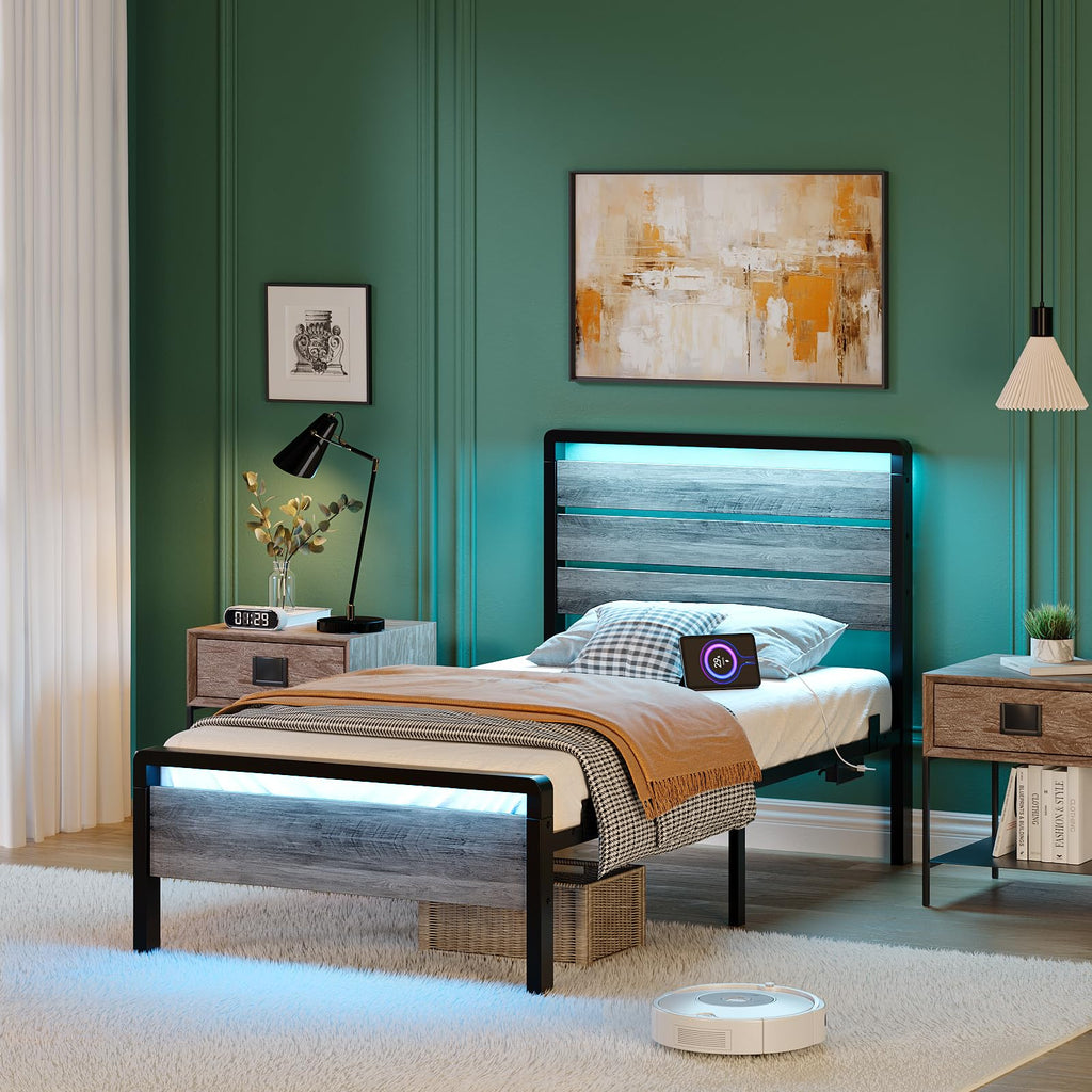 Twin Bed Frame Set of 2 with LED Headboard and USB Charging Station Y24304