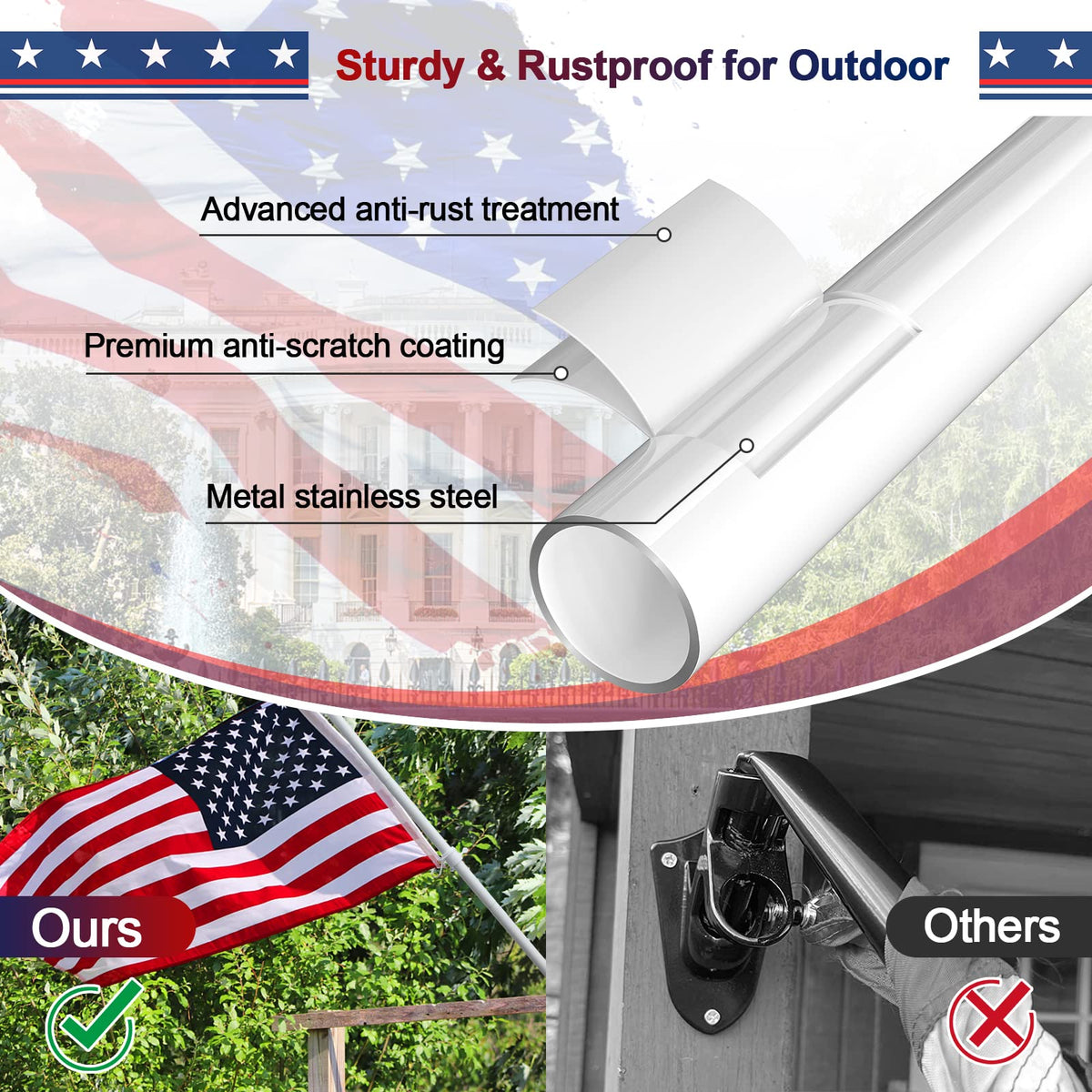 5ft White Tangle Free Flag Pole with 3x5 Embroidered US Flag U334