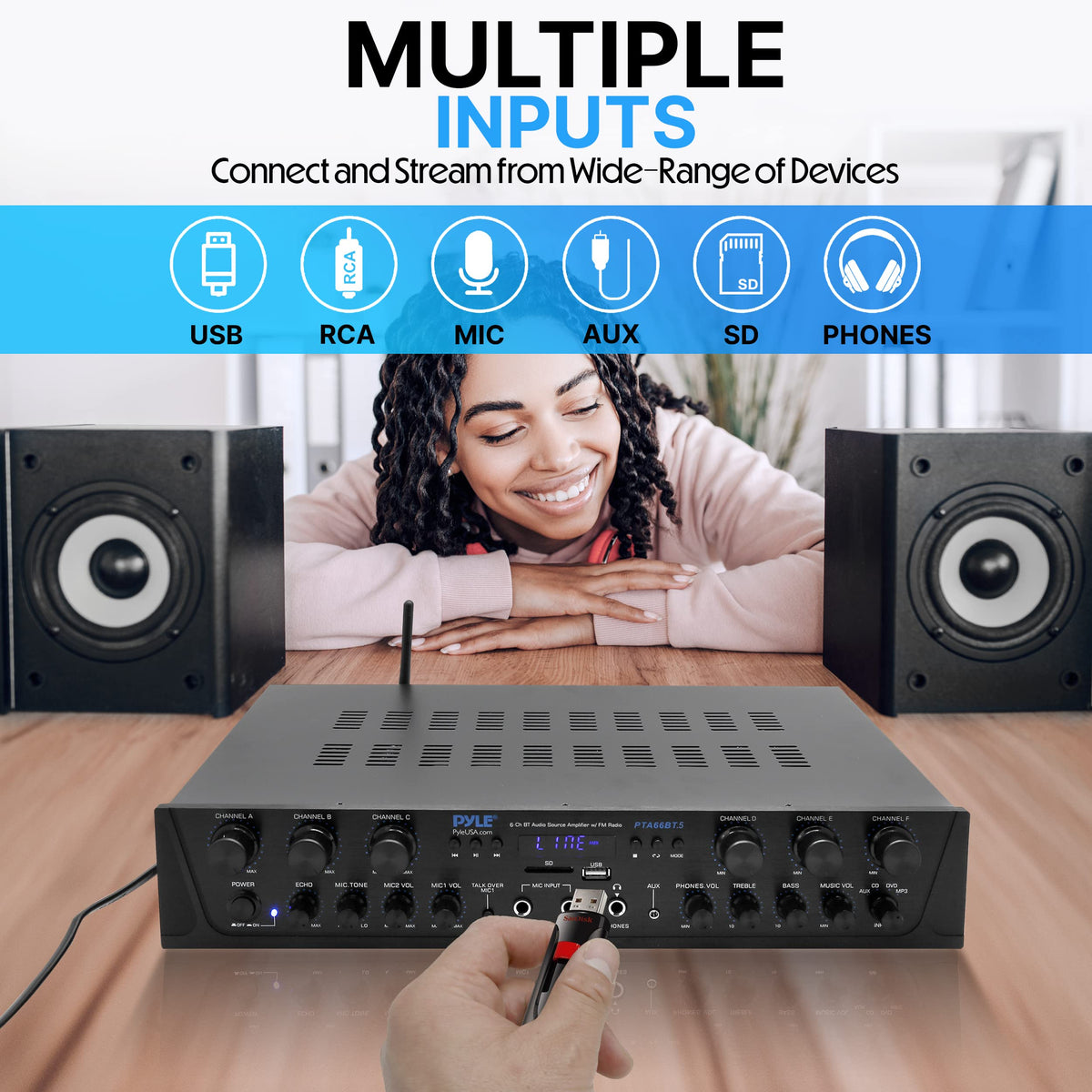 6 Channel 600 Watt Bluetooth Home Audio Amplifier F8973