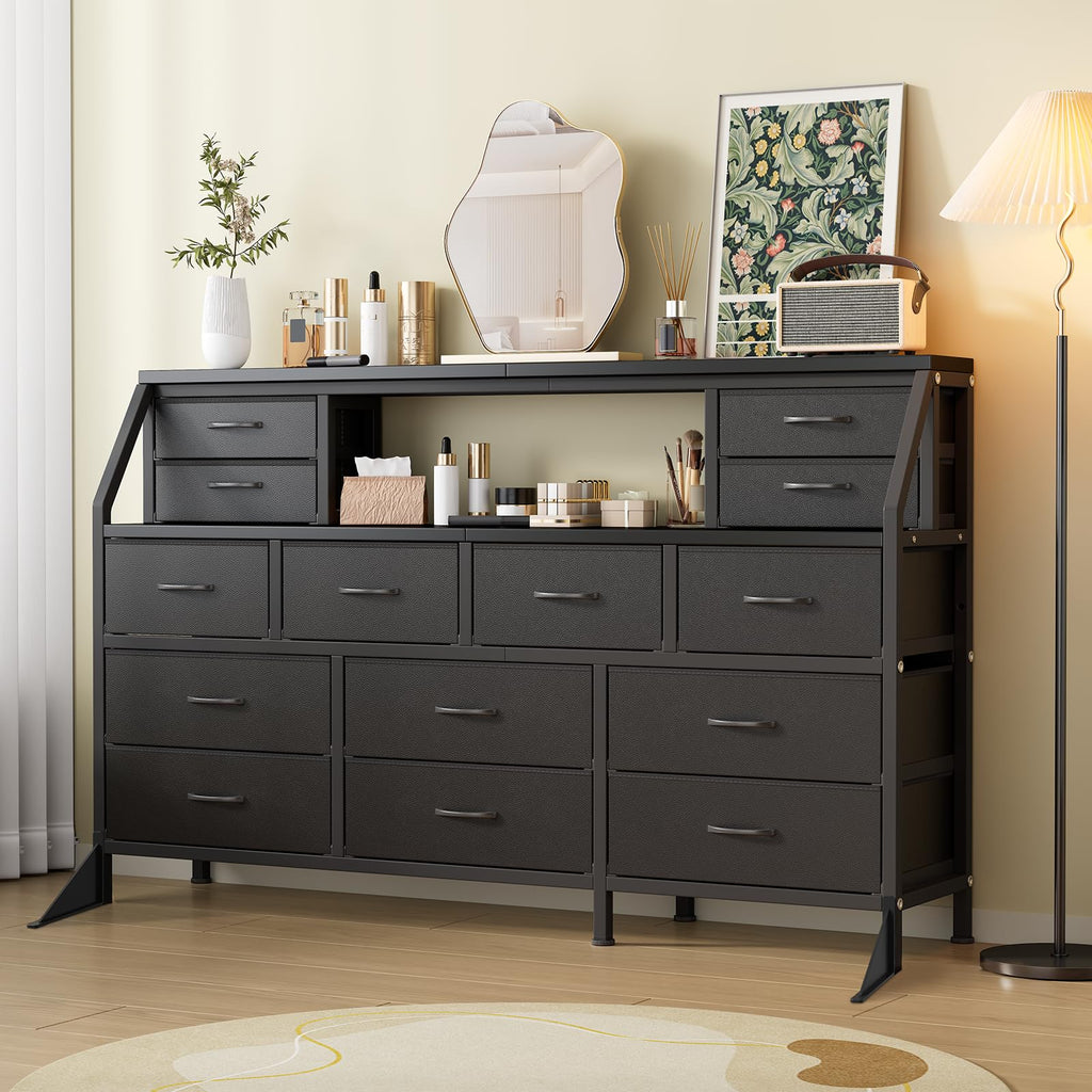 55" Black 14 Drawer Fabric Dresser with Open Shelf M112085
