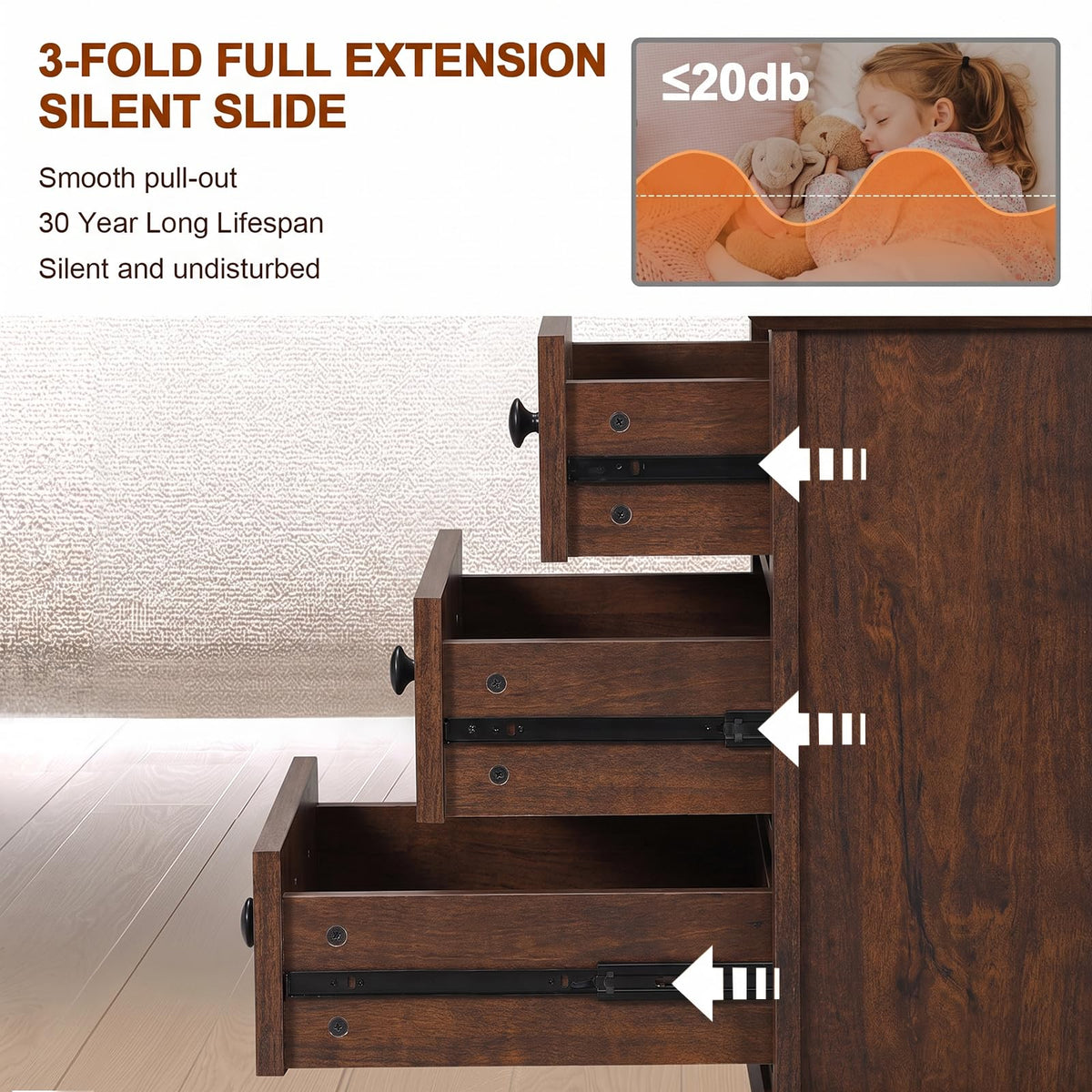 Cherry 3 Drawer Wood Nightstand with Charging Station R76120