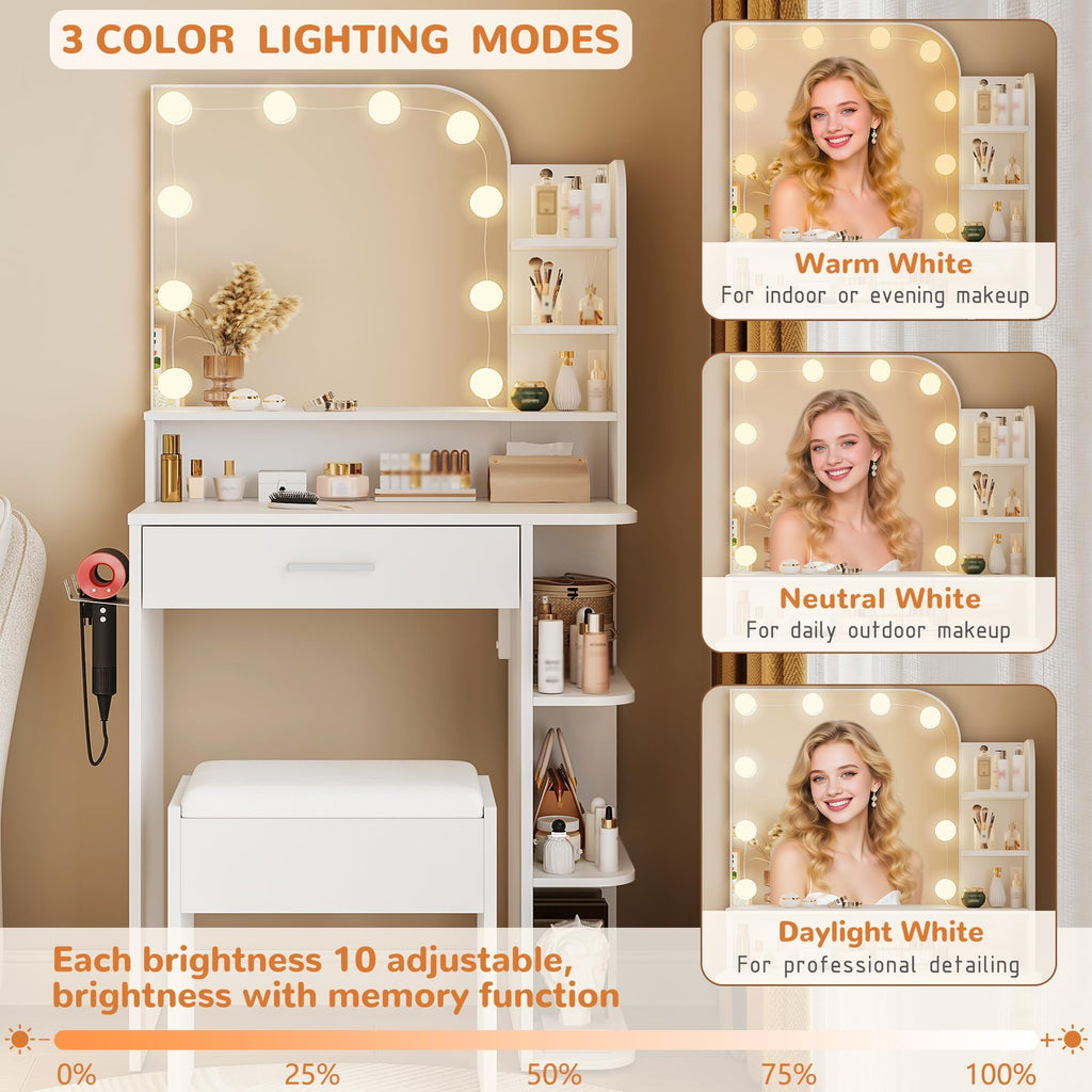 White Small Vanity Set with Chair, Mirror & Lights E5852