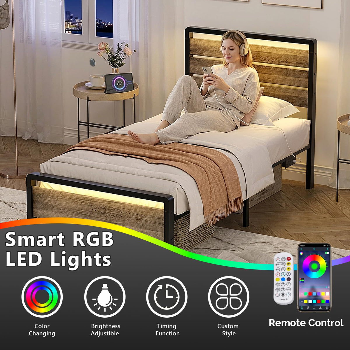 Twin Bed Frame Set of 2 with LED Headboard and USB Charging Station Y24304