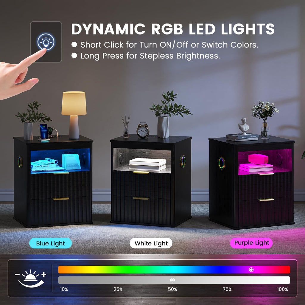 Black Smart Nightstand with Bluetooth Speaker, LED Lights, Wireless Charging, 2 Drawers & Open Shelf B366