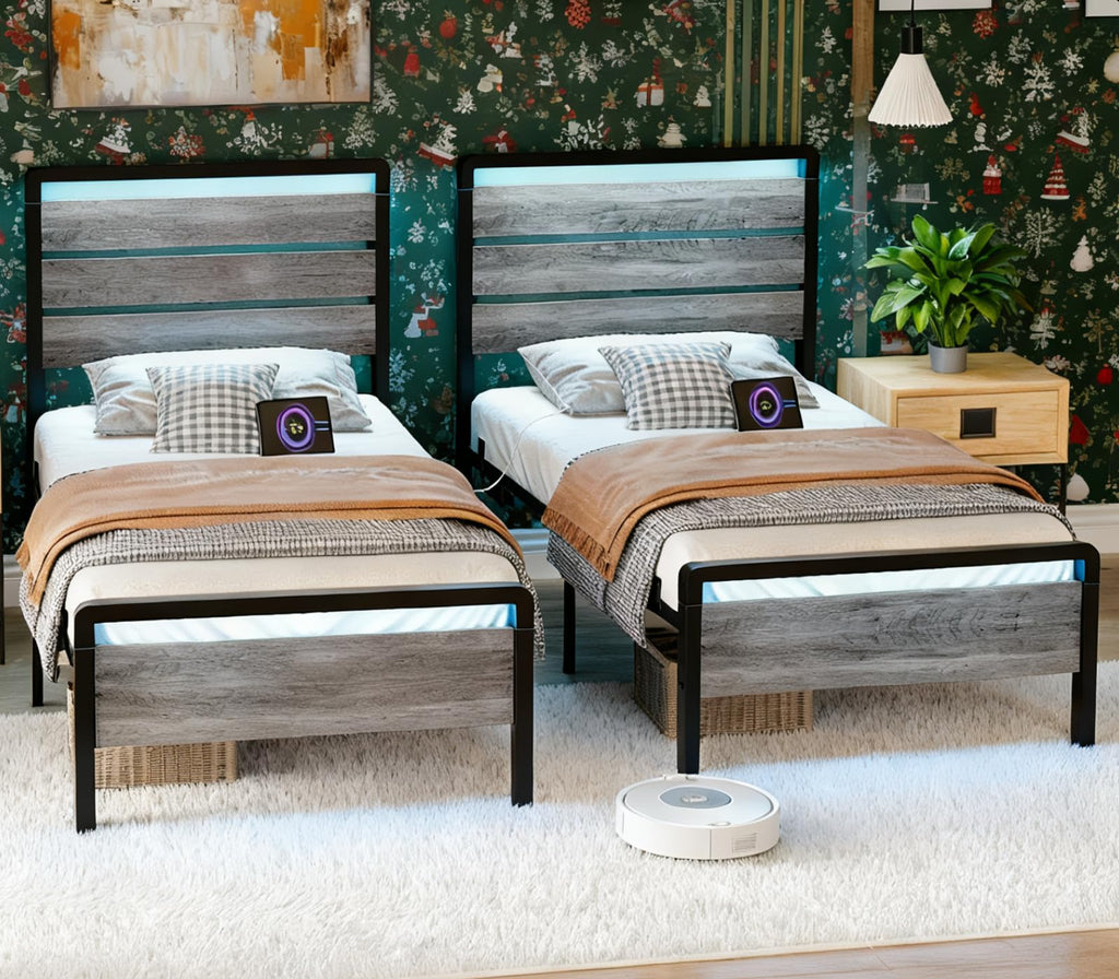 Twin Bed Frame Set of 2 with LED Headboard and USB Charging Station Y24304