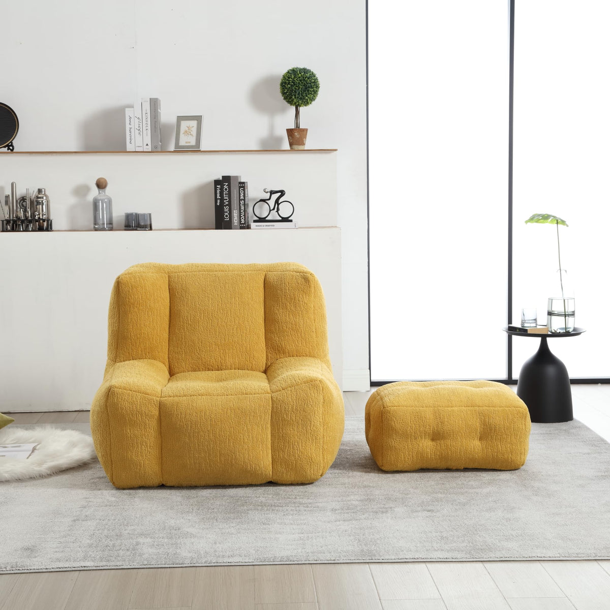Yellow Memory Foam Bean Bag Chair with Ottoman L236925