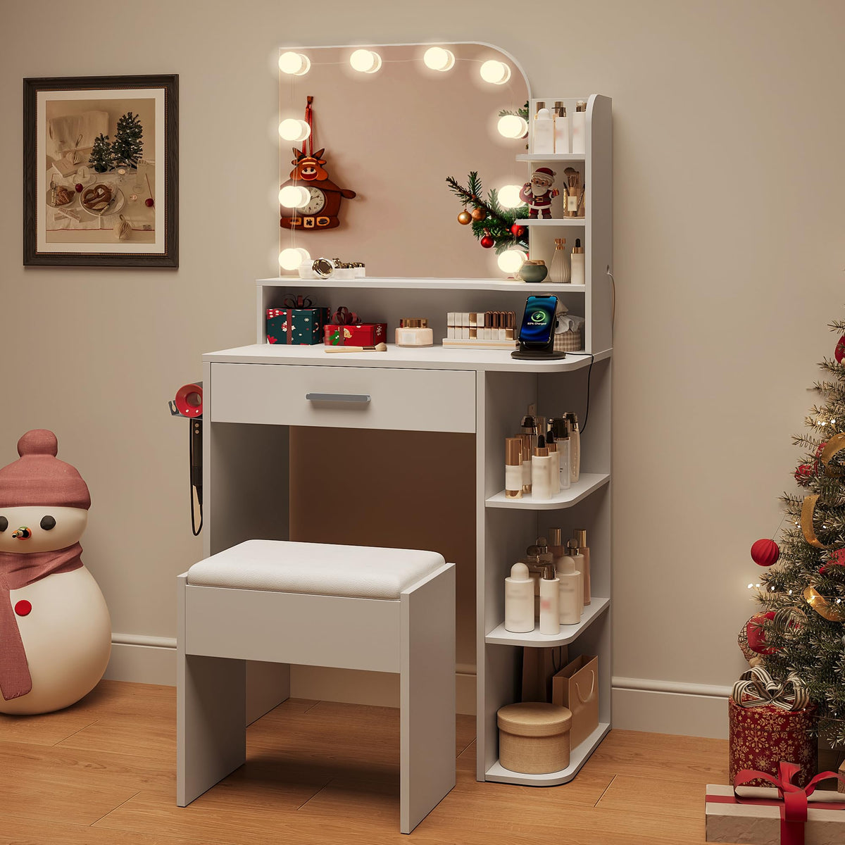 White Small Vanity Set with Chair, Mirror & Lights E5852