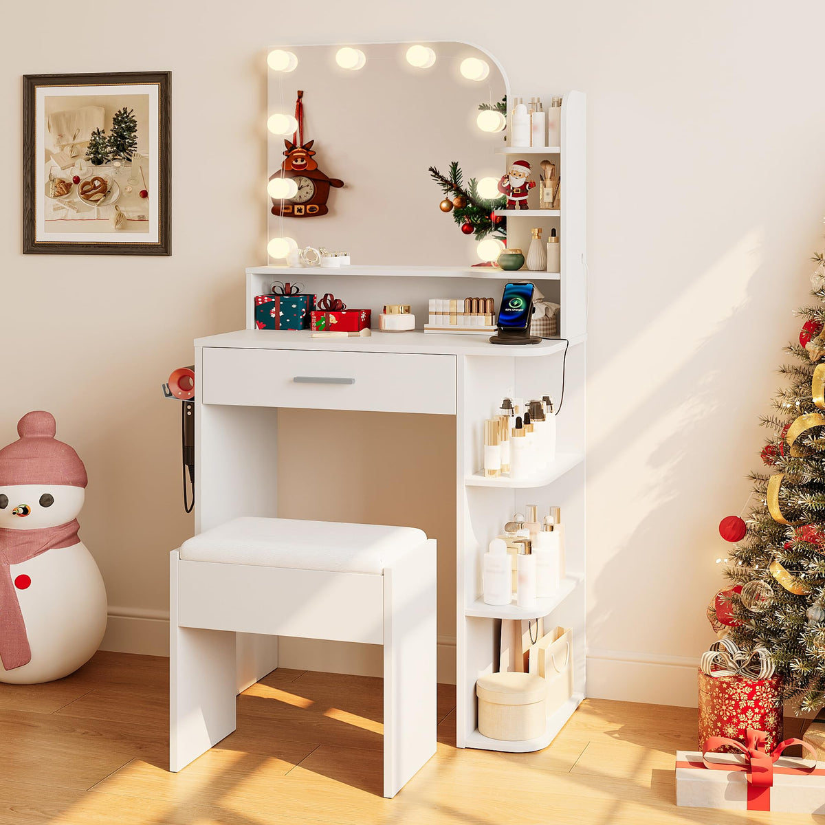 White Small Vanity Set with Chair, Mirror & Lights E5852
