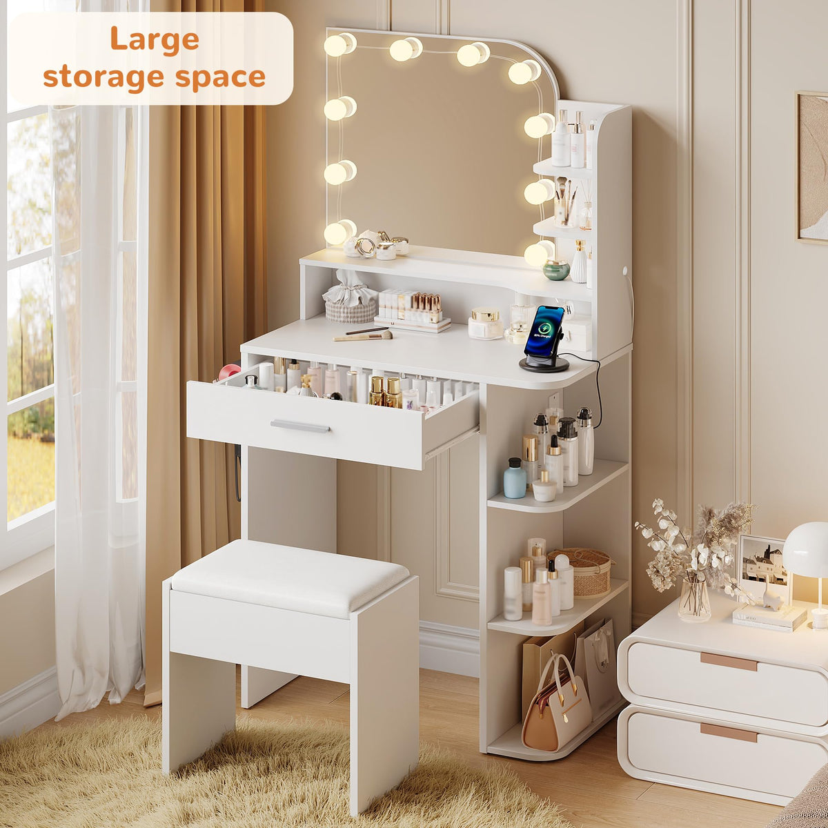 White Small Vanity Set with Chair, Mirror & Lights E5852