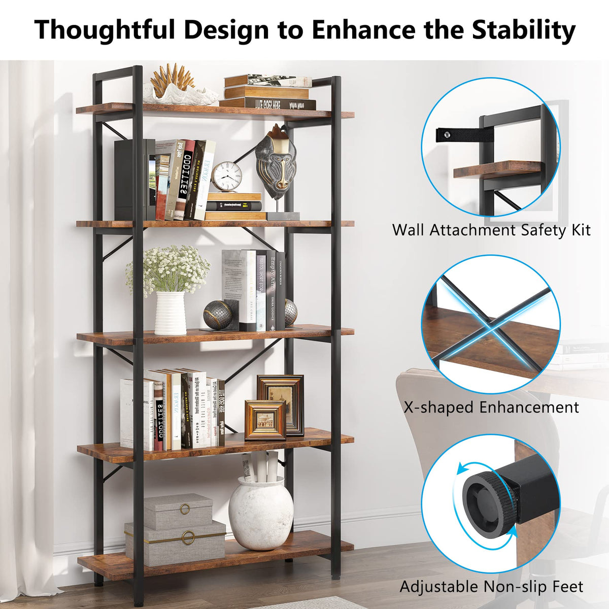 5 Tier Industrial Bookshelf with Metal Frame R5187