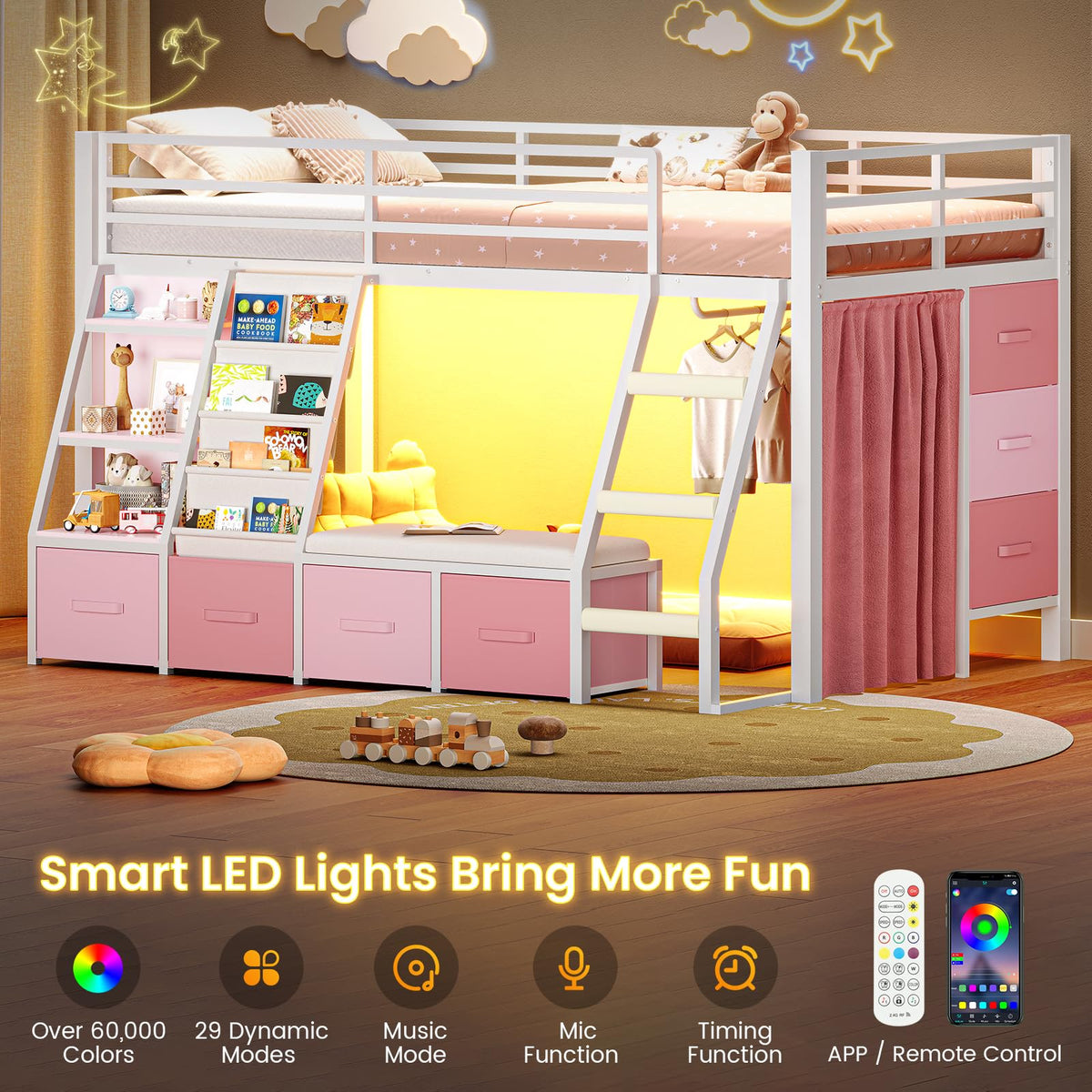 Twin Loft Bed with 7 Storage Drawers, Bookshelf, LED Lights & Guardrail, White & Pink Y90329