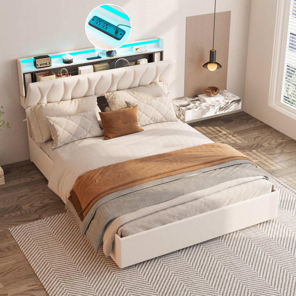 Beige Full Size Lift Up Storage Bed Frame with Charging Station V507283