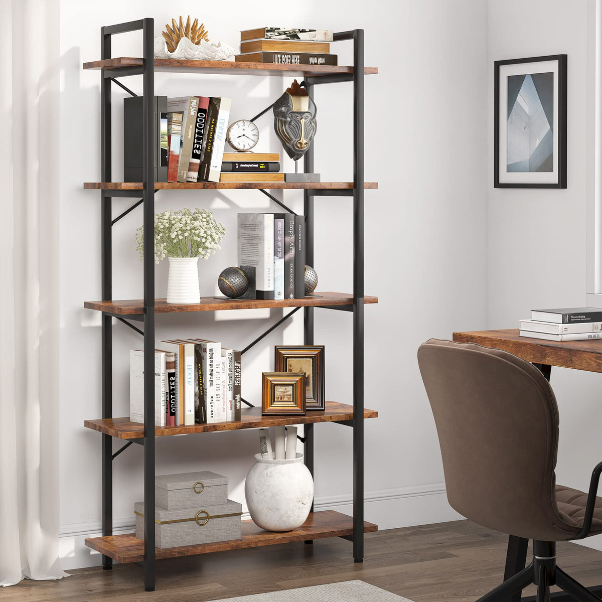5 Tier Industrial Bookshelf with Metal Frame R5187