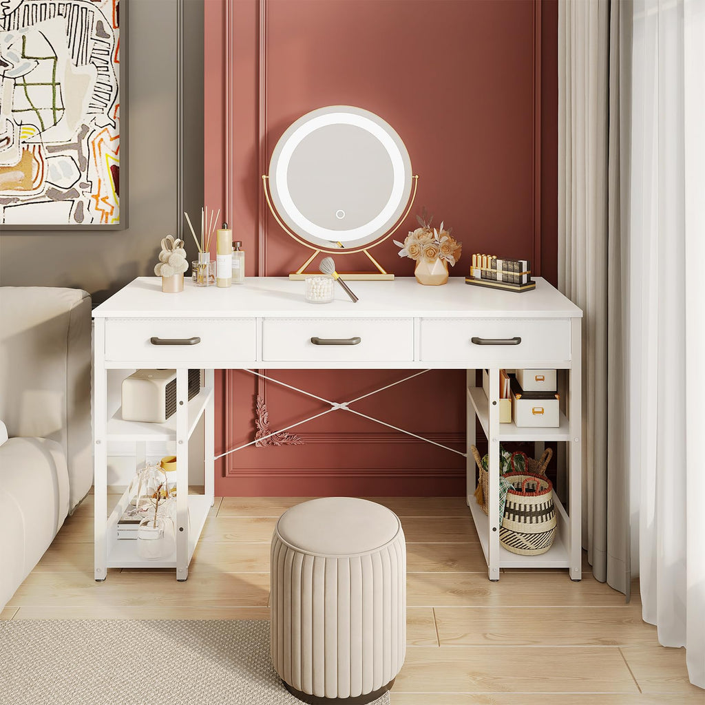 White 48" Computer Desk with Fabric Drawers and Storage Shelves O782640
