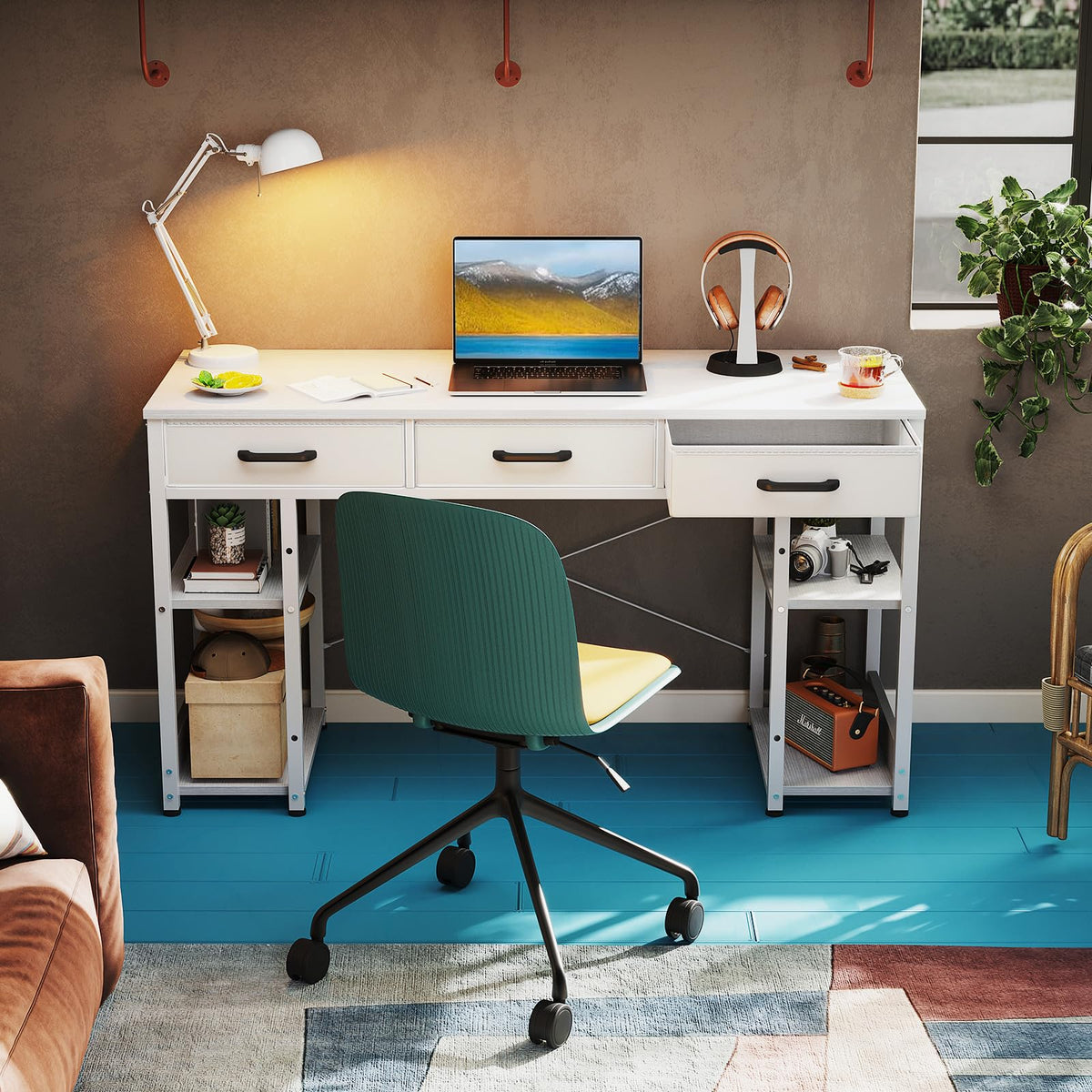 White 48" Computer Desk with Fabric Drawers and Storage Shelves O782640