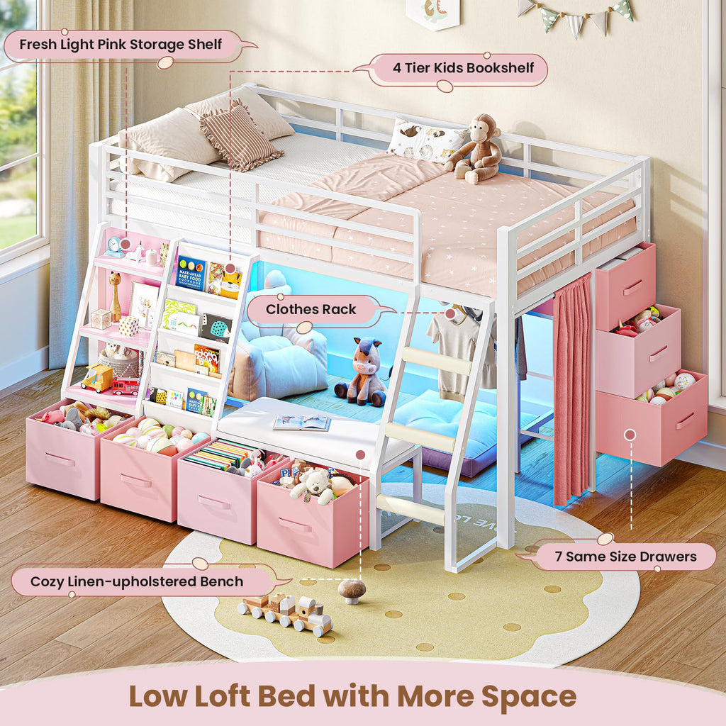 Twin Loft Bed with 7 Storage Drawers, Bookshelf, LED Lights & Guardrail, White & Pink Y90329