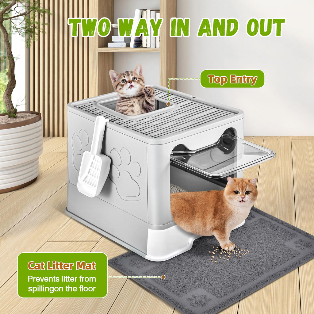Covered Cat Litter Box, Extra Large Drawer Design with Dual Entry,Pale Grey Y418983