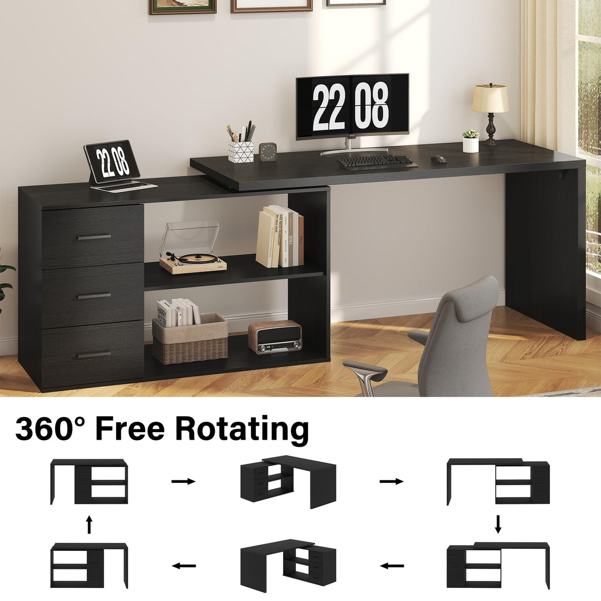Black L Shaped Corner Desk with Storage Drawers R901