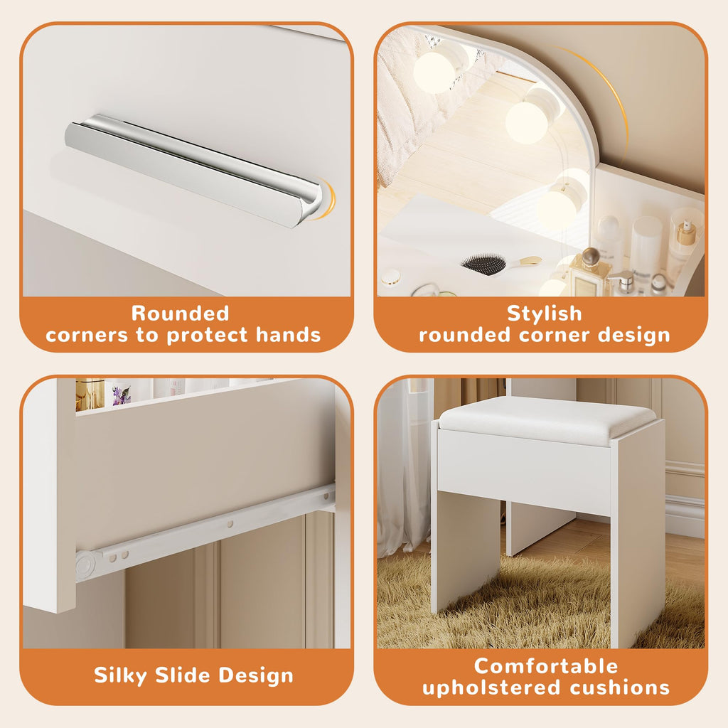 White Small Vanity Set with Chair, Mirror & Lights E5852