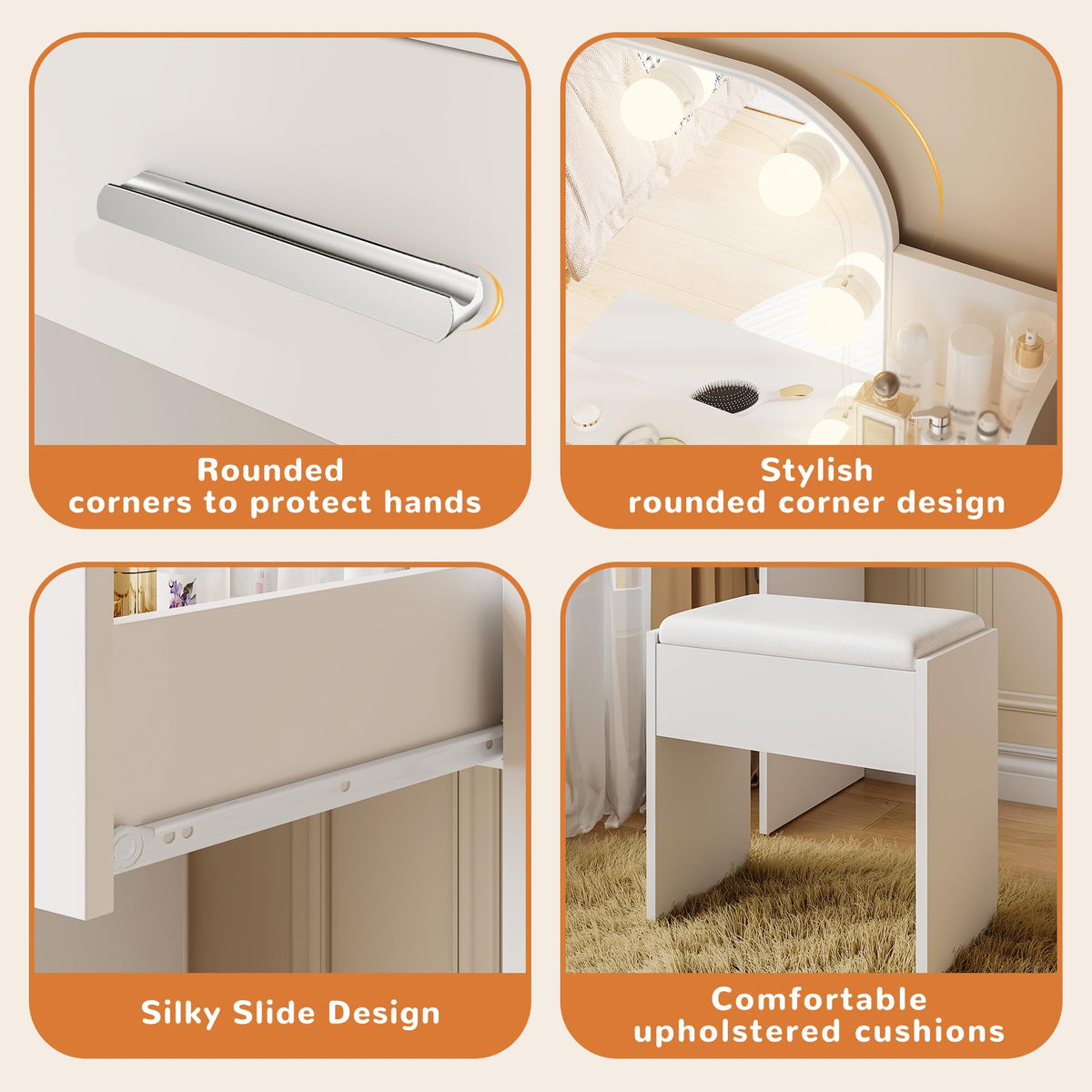 White Small Vanity Set with Chair, Mirror & Lights E5852
