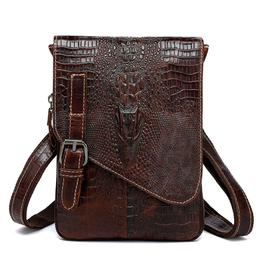 Brown Crocodile Embossed Genuine Leather Mini Messenger Bag Q6171